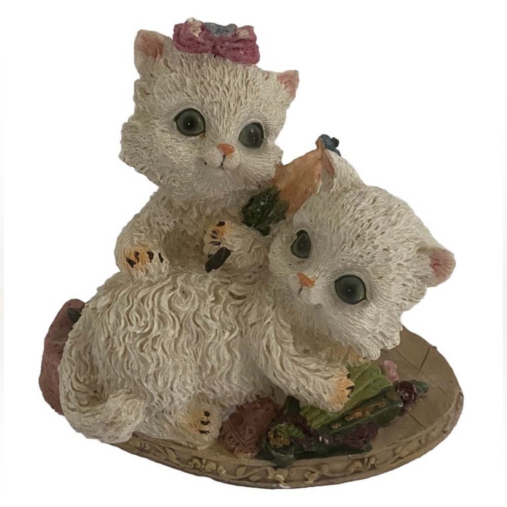 90s vintage CAT figurine Victorian theme white kittens playing resin Blue Eyes